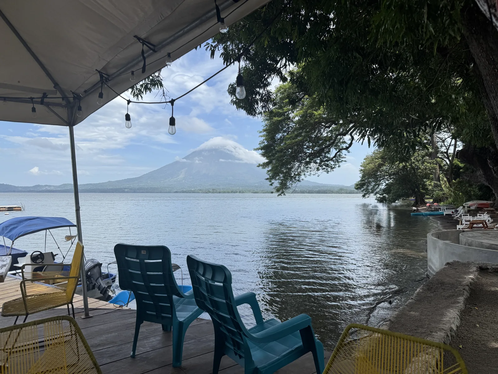 Roofed deck with chairs looking out over open water