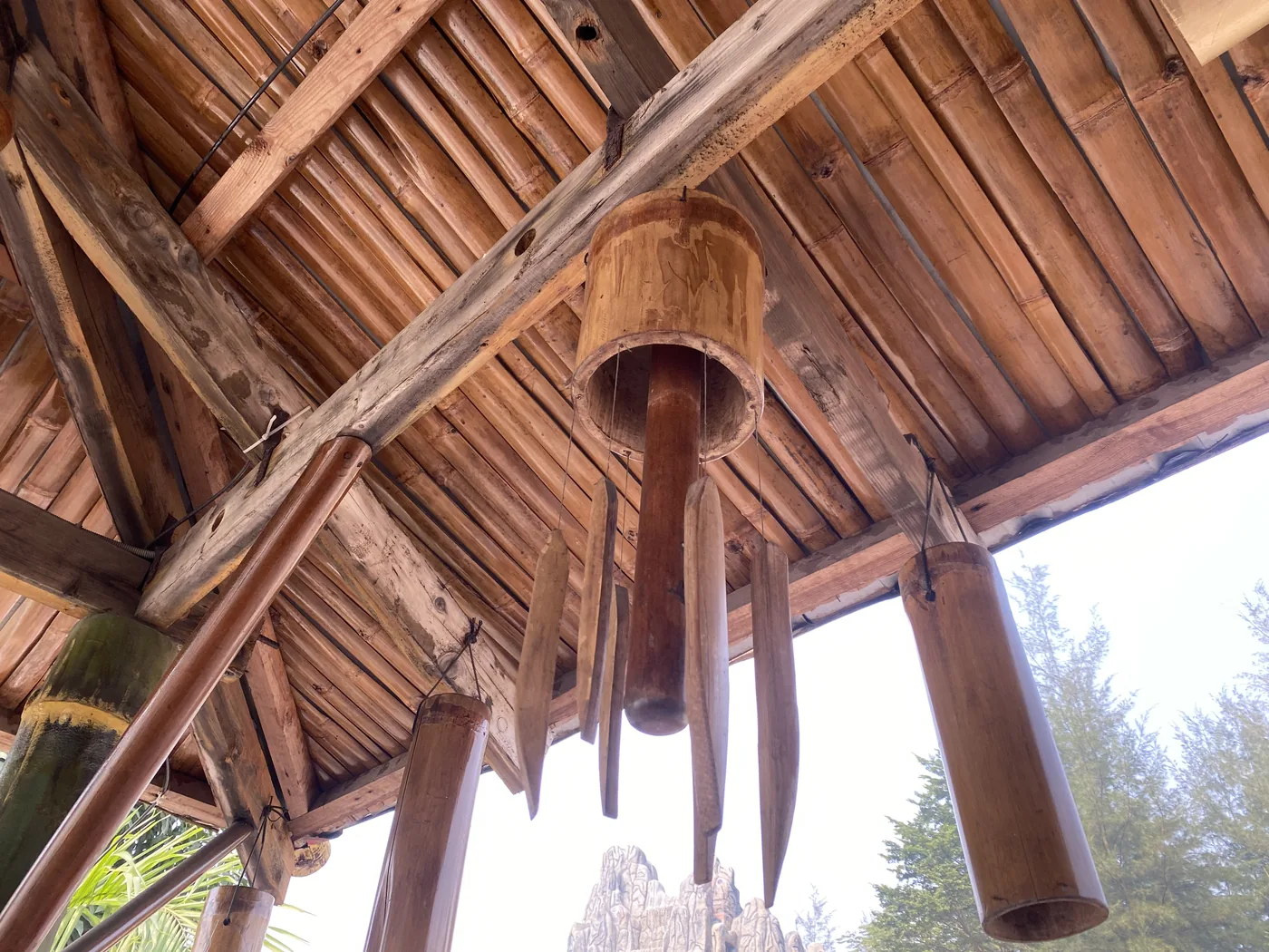 Underside of a porch roof showing exposed rafters and beams